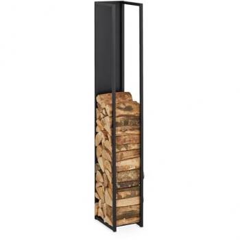 Leñero Alto de Metal con Panel Trasero para Troncos, Chimenea, 157x23,5x30 cm, Negro - Relaxdays