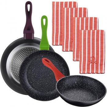 San Ignacio - Juego de 3 Sartenes Aluminio Forjado 20/24/28cm + Set 4 Paños Cocina Algodón Rojo - Antiadherente Marmolado