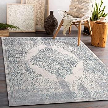 Alfombra Estructural Vintage Roseta - Dos Niveles de Vellón, Azul Claro/Crema/Gris 160x220 cm