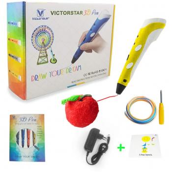Pluma 3D con Plantillas de Papel y Destornillador / con Motor Militar - VICTORSTAR RP100A Amarillo para Dibujo 3D Garabatos 3D / Compatible con Filamento ABS PLA + 5 Plantillas + Adaptador + Filamento + Destornillador
