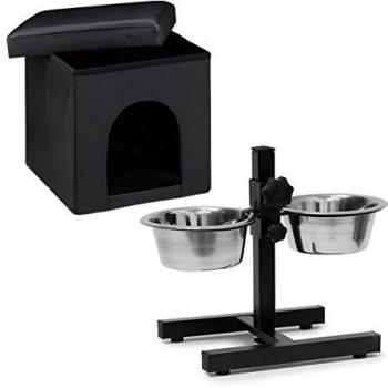 Set de 2 Accesorios Deluxe para Mascotas: Comedero Doble XL Ajustable y Taburete con Casa para Perro, Negro