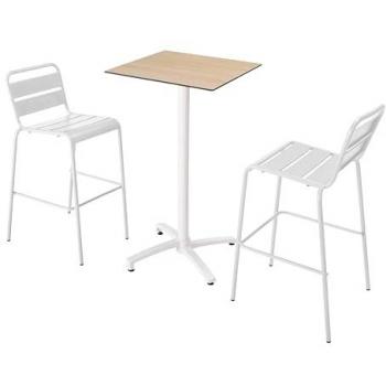 Conjunto de mesa alta de roble natural con 2 taburetes altos blancos