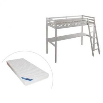 Cama Alta Gedeon II - 90 x 190 cm - Con Escritorio - Pino Macizo Blanco + Colchón