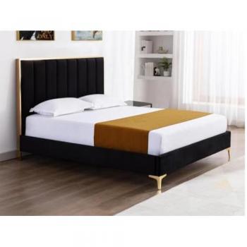 Cama 160 x 200 cm con cabecero con costuras verticales - Terciopelo - Negro y dorado + colchón - CLARISSE
