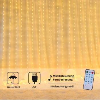 OUSFOT Cortina de Luces, 3m*3m 300LED 8 Modos de Luz Blanco Cálido Resistente al agua para decoración de Casa , exterior , boda Fiesta Navidad Jardin Terrasa Dormitorio