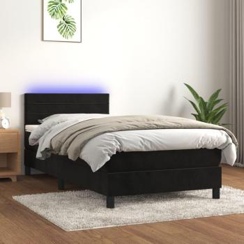 Cama box spring con colchón y LED en terciopelo negro 100x200 cm