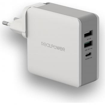 Cargador USB-C de Viaje RealPower DeskCharge-65, 65W, 3 Puertos, Gris