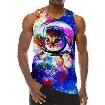 RAISEVERN 3D Gato Astronauta impresión Divertida del patrón Realista Underwaist de Gimnasia Tapas del Tanque Hombres XX-Large