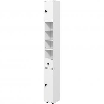 Mueble Auxiliar Baño Moderno con 1 Cajón 5 Estantes y 2 Armarios para Salón Dormitorio Carga 30 kg 20x20x180 cm Blanco