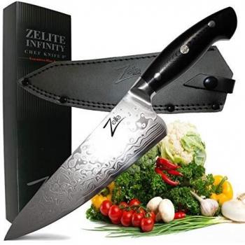 ZELITE INFINITY Chef Knife 8 Inch - Executive-Plus Series - Japanese AUS-10 Super Steel 45 Layer Damascus - G10 Handle - Full-Tang - Deep 56mm Chefs Blade - Leather Sheath