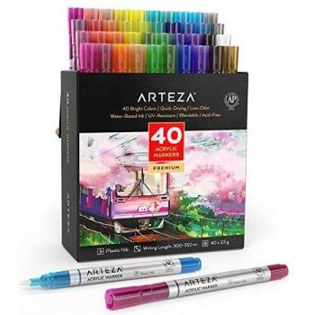 Arteza Acrylic Paint Pens, Set of 40 Colours, Long Lasting Outdoor Acrylic Paint Marker Pens with Plastic Nib, Paint On Metal, Canvas, Rock, Ceramic Surfaces, Glass, Wood, and Fabric