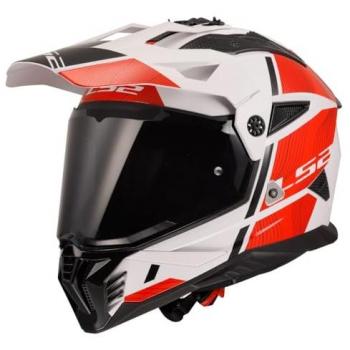 Casco de motocross LS2 MX702 Pioneer II Blanco-Rojo, tamaño L, características: diseño dual, ventilación optimizada, visera ajustable, forro interior desmontable y lavable, homologación de seguridad