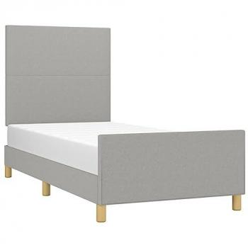 Estructura de cama con cabecero acolchado tapizado en tela gris claro, tamaño 90x200 cm, sin colchón