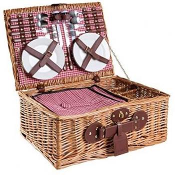 eGenuss | Cesta de Mimbre para Picnic | 4 Personas | con Cubiertos de Acero Inoxidable refrigerador Copas de Vino y Platos en cerámica