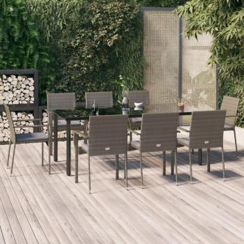 9 Piece Outdoor Dining Set with Cushions in Black and Grey Poly Rattan