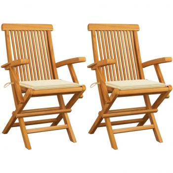 Teak Wood Garden Chairs with Cream Cushions - Set of 2