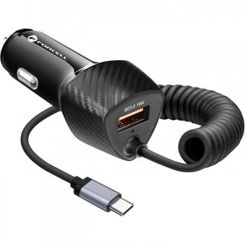 Cargador de Coche USB 38W QC 3.0 + Cable USB-C PD Integrado Negro Carbón