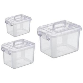 Set de 3 cajas de almacenamiento Jocca de plástico transparente con capacidades de 2.5, 6 y 11 litros, apilables, fáciles de limpiar y transportar con asa incorporada