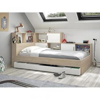 Cama con compartimentos y cajón 90 x 200 - Color: natural y blanco + Somier - ARMAND