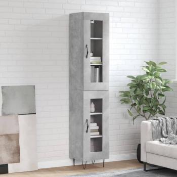 Aparador de madera contrachapada gris hormigón 34,5x34x180 cm con 1 puerta de cristal Mueble de Almacenaje de Salón Buffet para salón Armario Auxiliar Armario de Almacenamiento