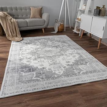 Alfombra Moderna de Salón 160x220 cm, Pelo Corto, Diseño Oriental Vintage, Color Gris 3