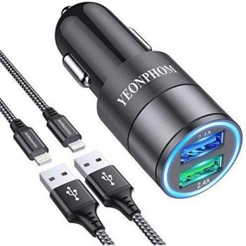YEONPHOM Cargador Coche USB para iPhone 12 Pro Max/Mini/11/XS Max/XR/X/8/7/6/6S Plus/5S/5/SE,iPad Air Mini Pro,2.4A Carga Rápida USB Adaptador Cargador Coche con 2x1M Cable Lightning MFi Certificado