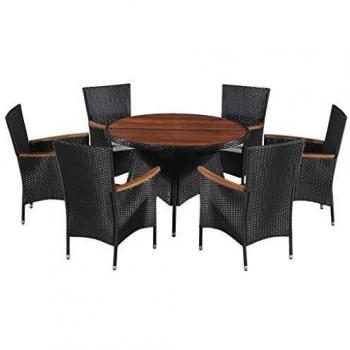 7-Piece Black Outdoor Dining Set with Poly Rattan and Acacia Wood