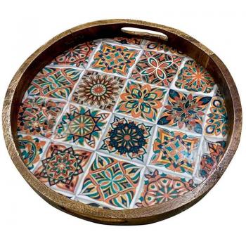 Bandeja Vaciabolsillos Redonda de Madera con Diseño Mosaico - 35x35x5 cm