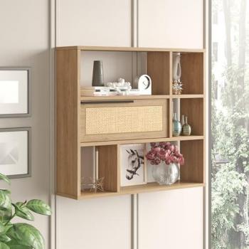 Estantería de Pared Kvænangen Aglomerado 90x22x81cm - Efecto Roble y Ratán con 5 Compartimentos Abiertos y 1 Cerrado