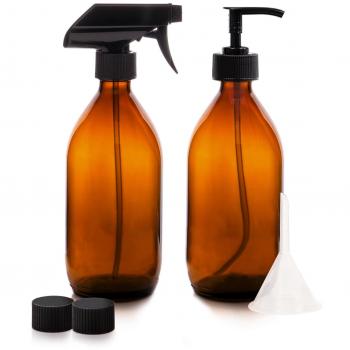 Juego de spray de cristal ámbar Botella + bomba de loción 500 ml: 1 x 500 ml frasco de vidrio ámbar con pulverizador de bomba + 1 x 500 ml botella con Loción Bomba de aceite/+ sin BPA transferencia embudo y 2 CA con tapón de rosca
