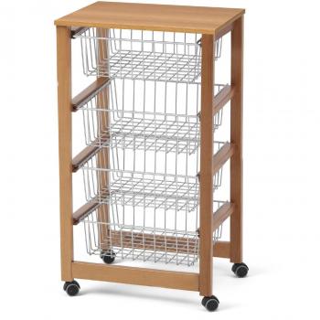 Carro de cocina Gingerone, madera de cerezo, 4 cestas deslizantes, plano de trabajo revestido de melamina