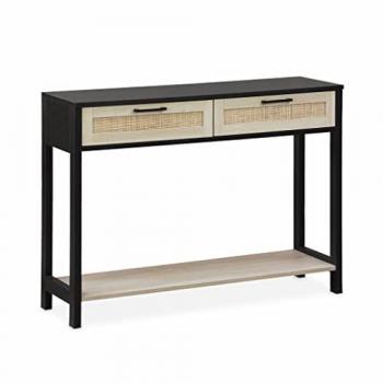 Consola escandinava negra con caña, 100 x 30 x 75 cm, efecto madera, 2 cajones y 1 estante