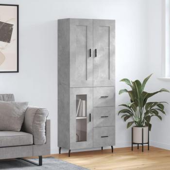 Aparador alto de madera contrachapada gris hormigón 69,5x34x180 cm con 1 puerta de cristal y 3 cajones, mueble de almacenaje para salón, buffet y armario auxiliar