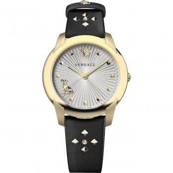 Versace Audrey Leather Bracelet Watch with Gold Studs, Yellow, Female, Size: ONE SIZE