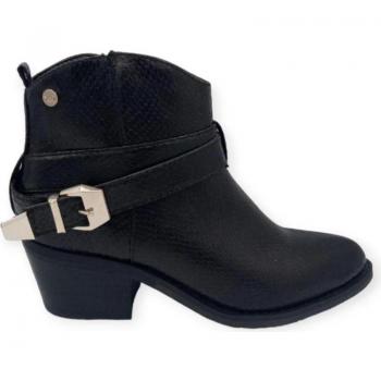 Botín Campero Negro XTI 49485 para Mujer, material sintético, suela de goma antideslizante, altura del tacón de 6 cm, cierre con cremallera lateral y detalles decorativos en el empeine