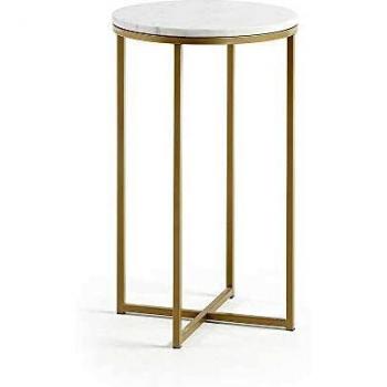 Kave Home - Mesa Auxiliar Sheffield Blanca Redonda Ø 43 cm de mármol y Estructura de Acero en Dorado