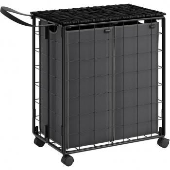 Cesto de ropa sucia 110 L negro con 2 bolsas extraíbles, tapa y ruedas, para lavandería, dimensiones 57x33x65 cm
