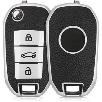 kwmobile Funda para Mando de Coche Compatible con Peugeot Citroen - Carcasa de TPU Tipo Cuero con Botones para Coche - Plata/Negro