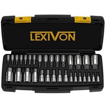 LEXIVON Juego de llaves de vaso HEX, acero de aleación S2 de primera calidad | Juego completo de 32 piezas, SAE y métrico | Estuche mejorado
