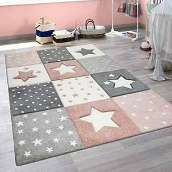 Alfombra Infantil Moderna Motivo Cuadros Estrellas Lunares Diseño en Rosa y Gris 80x150 cm