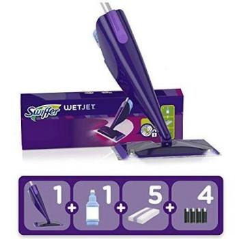 Swiffer WetJet Kit de Inicio con Mopa Eléctrica, 5 Panos de Limpieza, 1 Solución Limpiadora, 4 Baterías Alcalinas, Ideal para Todos los Pisos Tratados