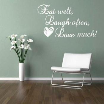 Comer bien, reír a menudo, amor mucho. Elegante adhesivo decorativo para pared, Blanco, Medium: 45cm x 80cm / 18 x 32