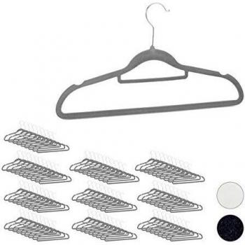 Pack 100 Perchas Antideslizantes de Terciopelo con Corbatero, Metal, Gris, 22 x 41,5 x 0,3 cm