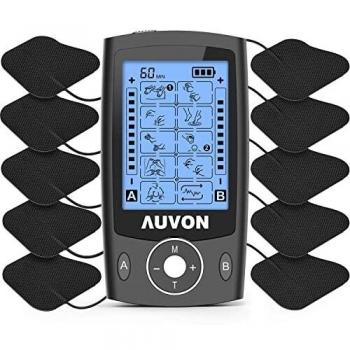 AUVON TENS EMS Electroestimulador Digital, de doble canal para aliviar el dolor, electroestimulador TENS de unidad con 20 modos, 10 piezas de electrodos premium de 2x 2 con diseño patentado