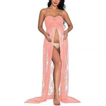 JENJON Mujer Embarazada Encaje Vestido de Fiesta Largos con Aberturas,Premamá Faldas Fotografía,Foto Shoot Dress de Maternidad Rosa XL