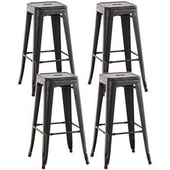 Set de 4 Taburetes Bar Joshua Antik Negro-Dorado con Apoyo para Pies y Altura de Asiento de 76-77 cm, Apilables