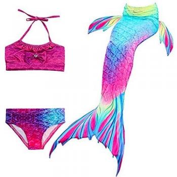 DNFUN 3pcs Traje de Baño de Cuello Hálter con Cola de Sirena Bikini Set para Niña