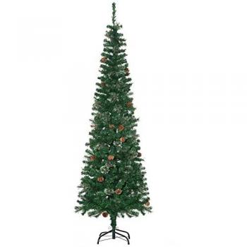 HOMCOM Árbol de Navidad Artificial 195 cm, 556 Ramas, Estrecho en Forma de Lápiz, con 25 Piñas y Base Plegable Verde