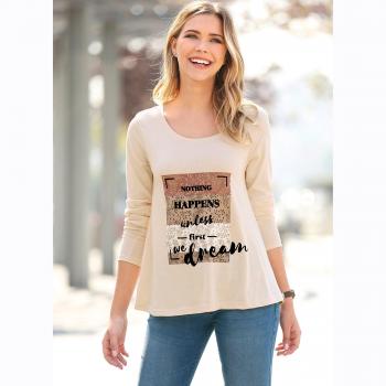 Camiseta de manga larga y línea evasé con estampado frontal by VencaStyle,BEIGE VIGORÉ,XL
