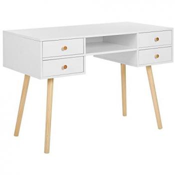 Escritorio de Oficina en Casa Blanco con 4 Cajones de Almacenamiento y Patas de Madera Maciza Clara - 110 x 55 cm Estilo Escandinavo Levin
